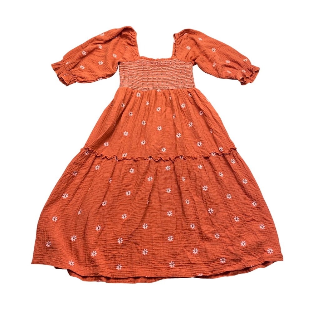 R.Vivimos Rust Orange Cotton Gauze Smocked Floral Midi Dress Womens Large